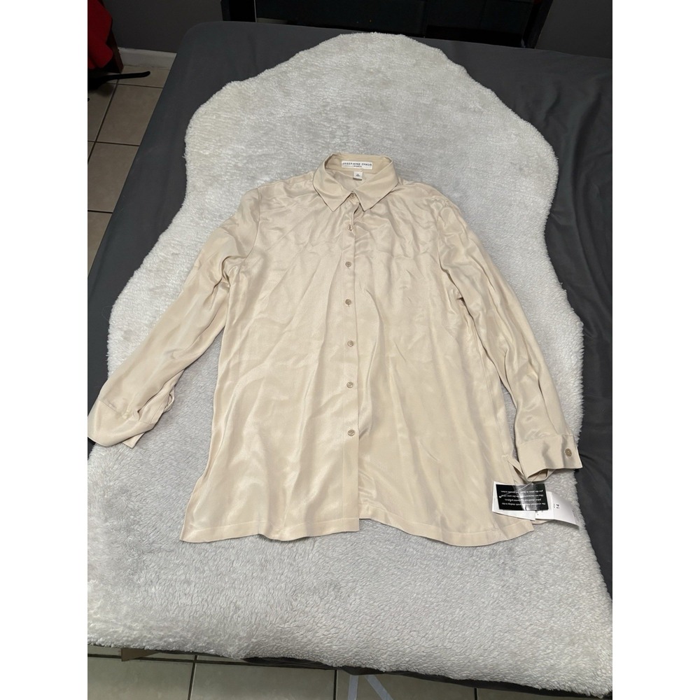 New Josephine Chaus Women's Taupe Cream Button Down Silk Shirt Size 14 Top NWT